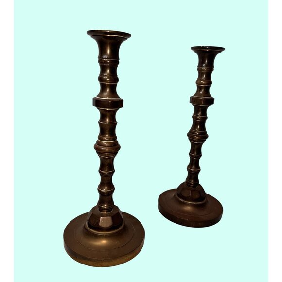 10.5' heavy Antique Brass Candlestick Holders Set Of Two Vintage Decor - Picture 6 of 8